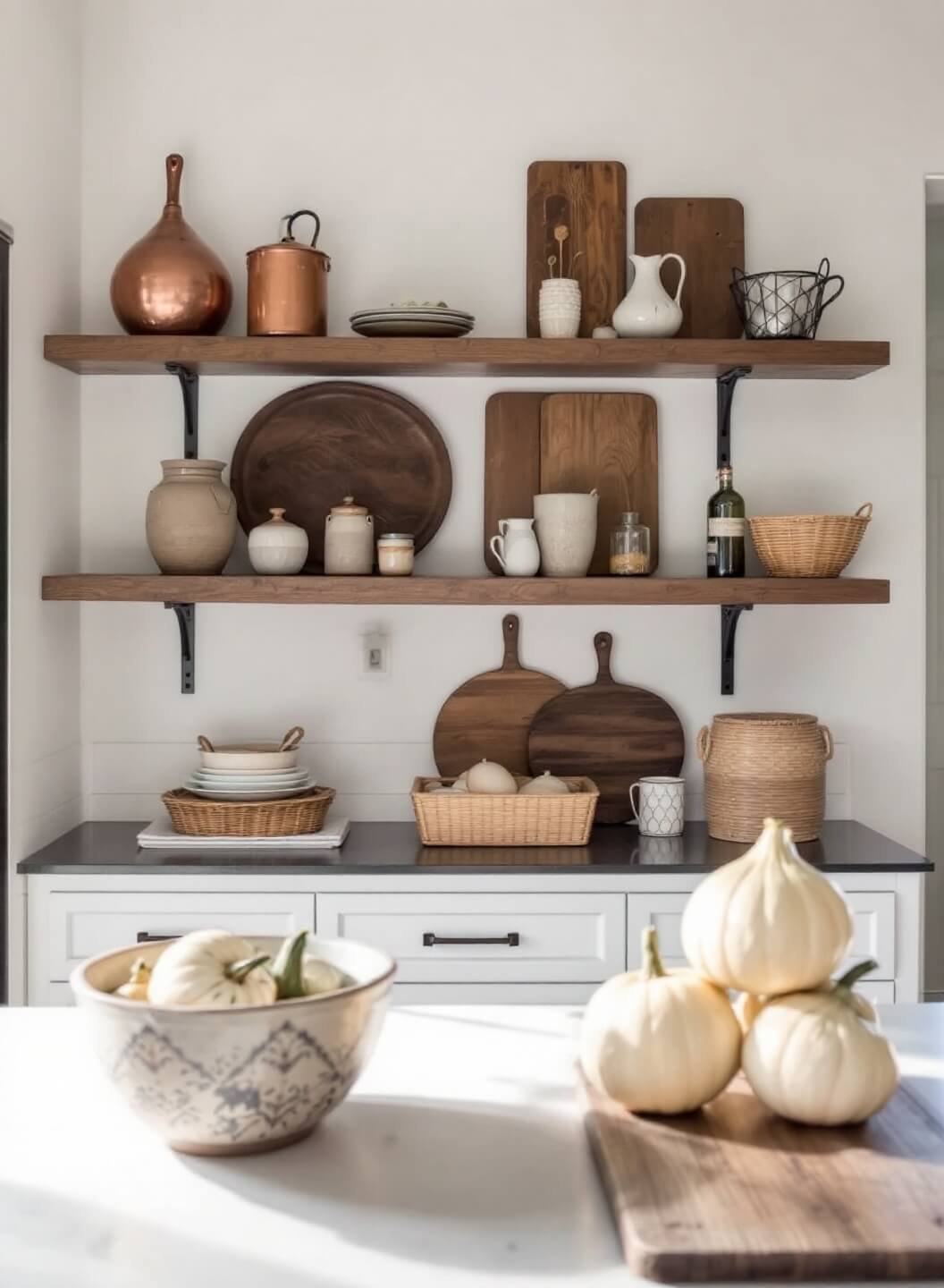 Artfully arranged rustic kitchen with open shelving, copper pots, wooden boards, earthenware crocks, woven baskets on white oak shelves and a large ceramic bowl of heirloom gourds on island, illuminated by morning light streaming through windows