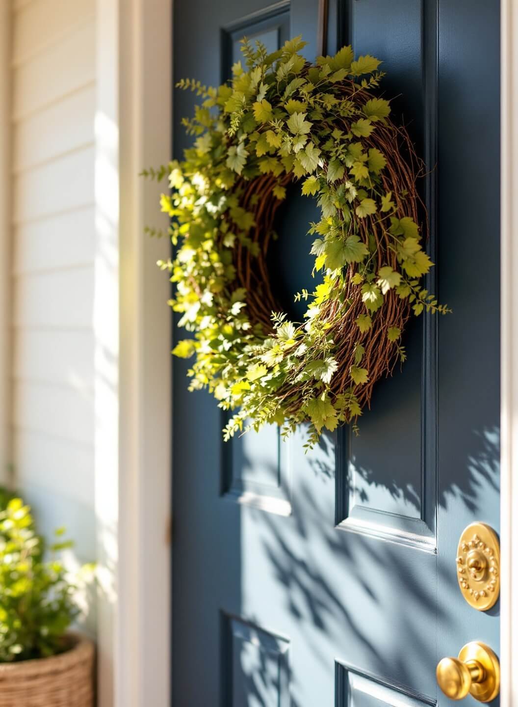 Bright, sunlit front porch with a 24-inch grapevine wreath on a weathered navy door, enhanced by soft bokeh effect and vintage brass door hardware.