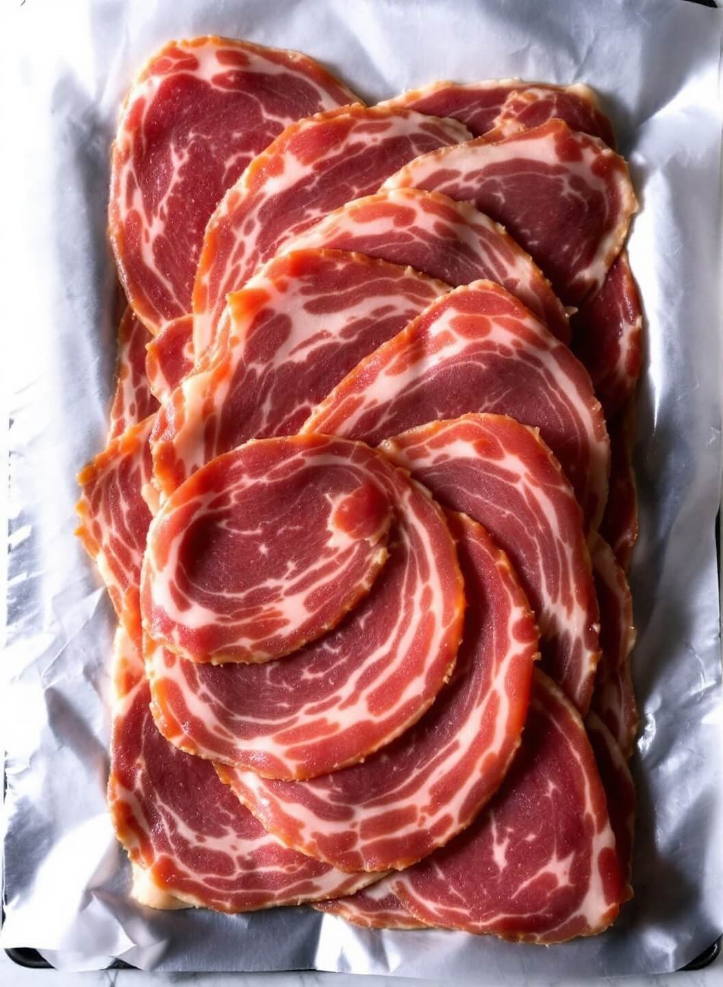 Overlapping prosciutto slices arranged in a rectangle on clear plastic wrap