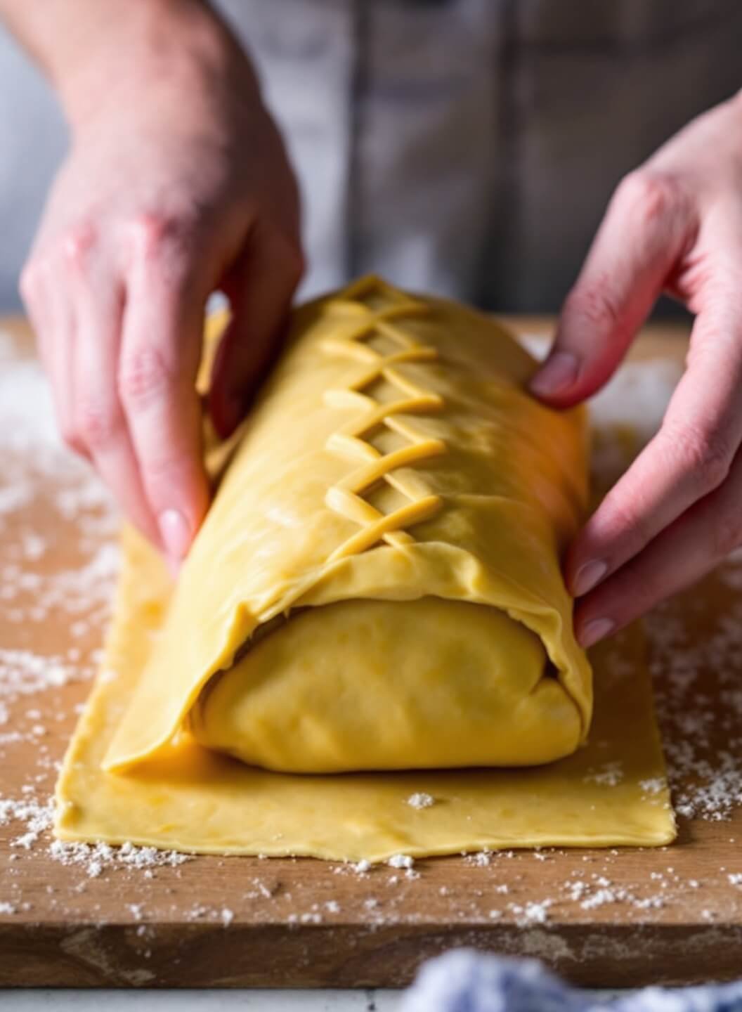 Close-up of hands artistically wrapping and scoring golden puff pastry around Wellington under soft lighting