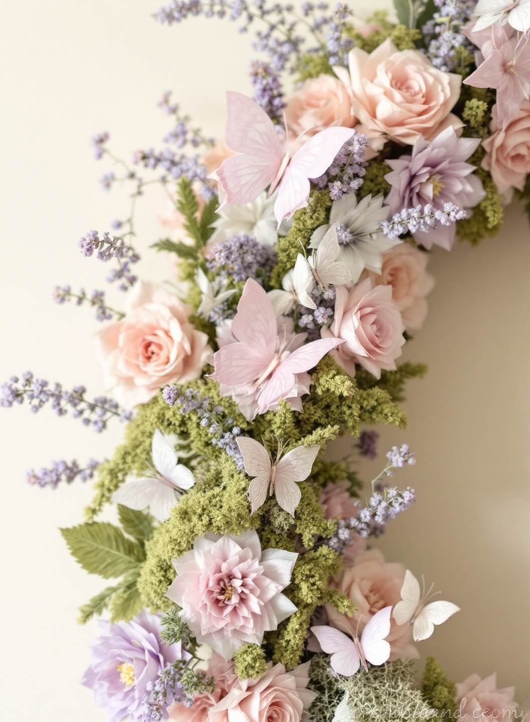 Close-up of a spring wreath featuring pastel pink and lavender silk flowers, paper butterflies, and fresh moss against cream wallpaper, illuminated by natural window light.