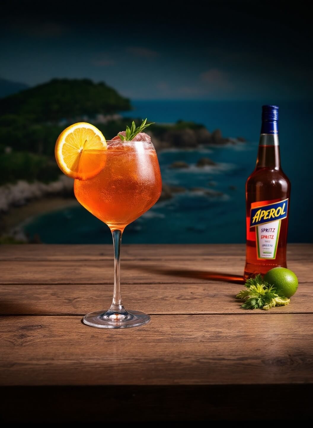 Completed Aperol Spritz with garnish on a rustic wooden surface, Italian coastal scene in background