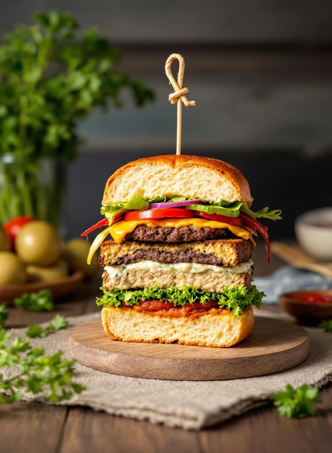 Artistically arranged burger with fresh vegetables on a rustic toasted brioche bun on a wooden table, with a professional cross-section view.