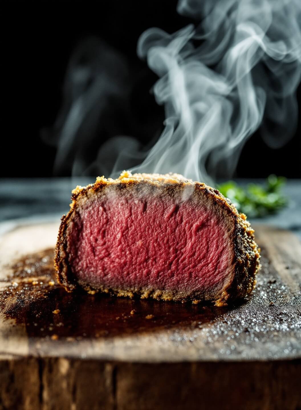 Cross-section of medium-rare Wellington with golden crust on a wooden board, steam rising and highlighted by dramatic side lighting