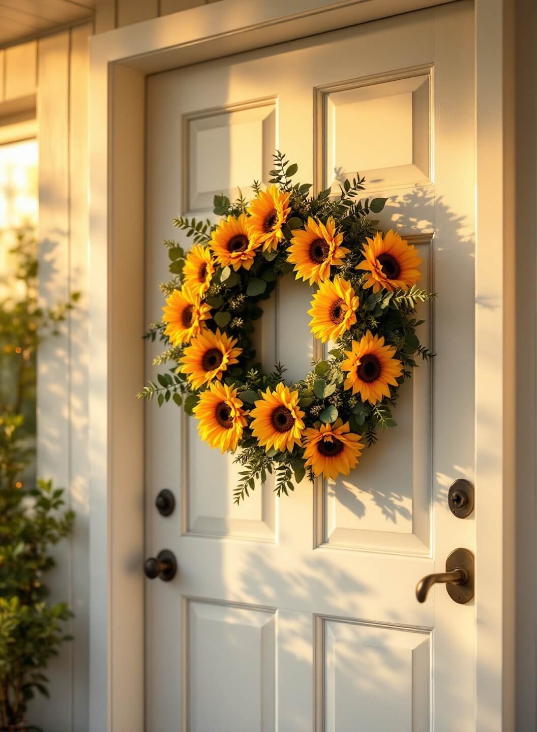 Sun-drenched farmhouse entryway with a vibrant wreath of artificial sunflowers and preserved eucalyptus on a white door, captured with a wide-angle lens during golden hour