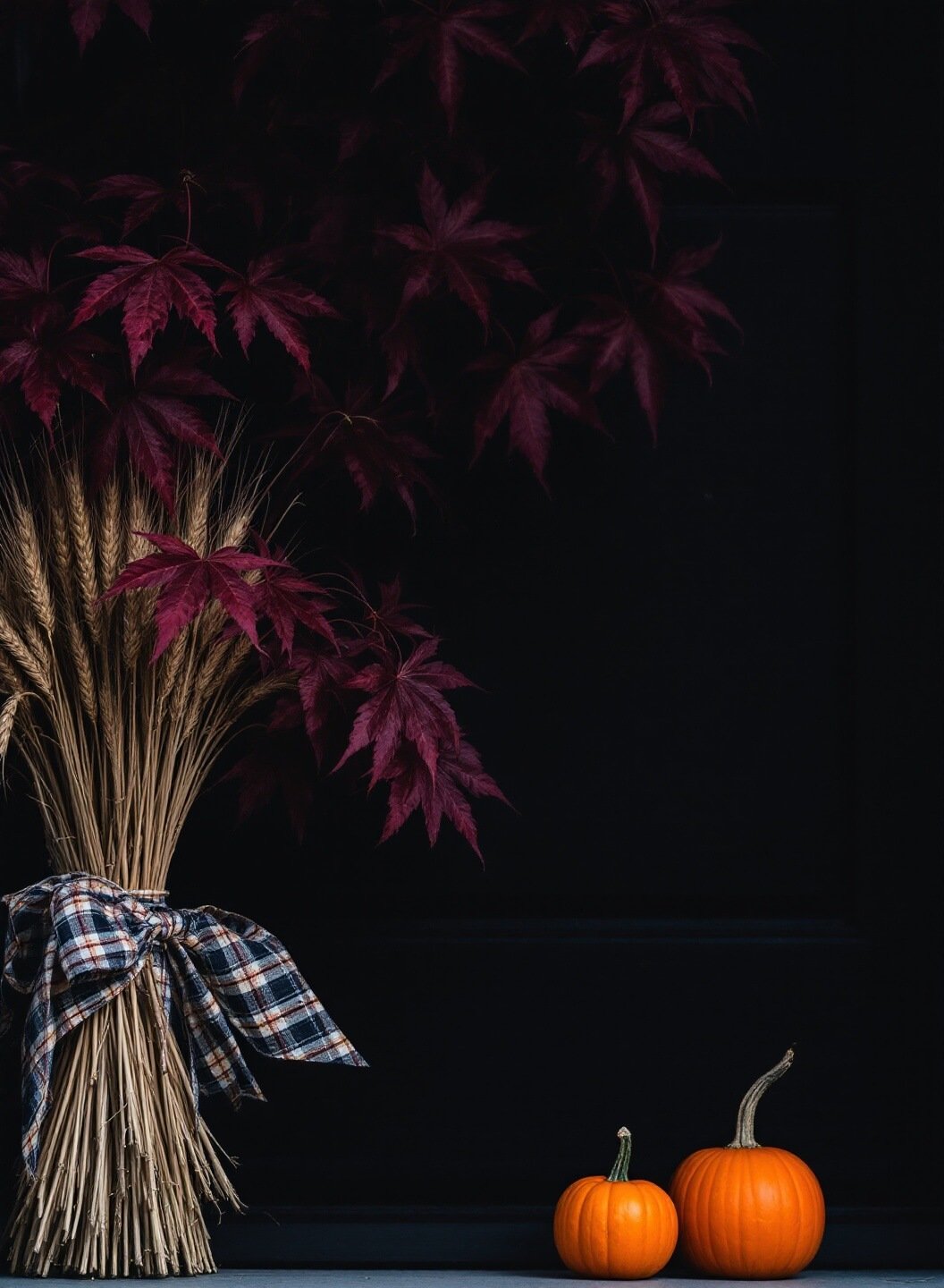 Moody autumnal porch scene at dusk with burgundy maple leaves, mini orange pumpkins against a dark wooden door, highlighted by dramatic side lighting, featuring textured plaid ribbon and wheat stalks