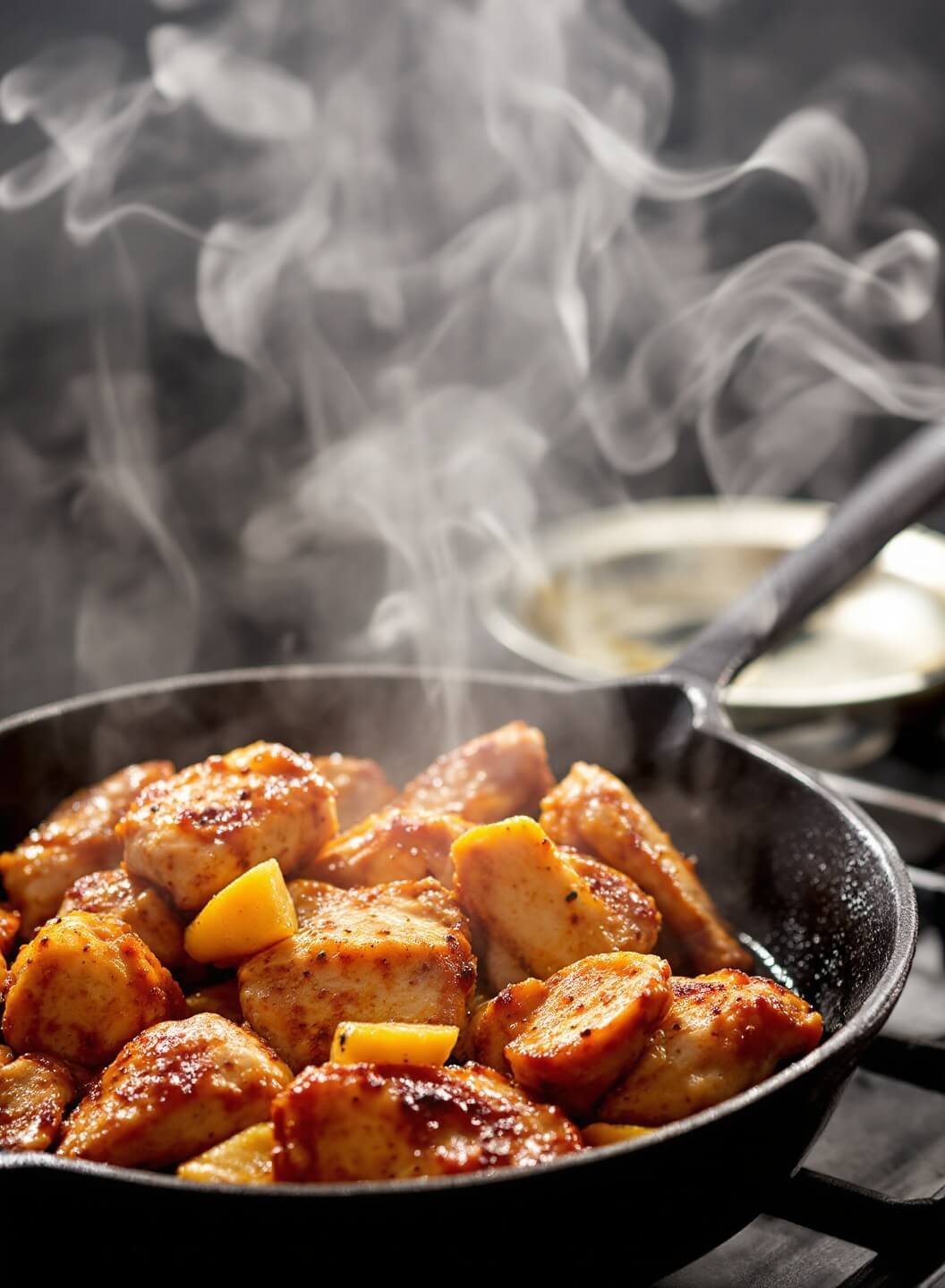 Searing golden chicken pieces sizzling in a cast iron skillet with steam rising under dramatic kitchen lighting