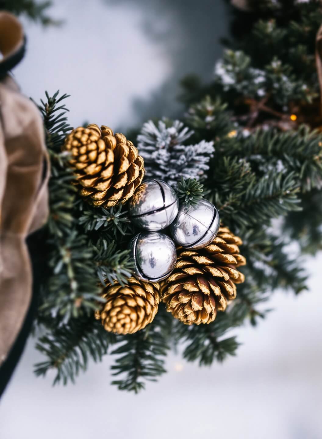 Winter wreath with gold-painted pinecones and silver bells on frosted window, under sparkling morning light