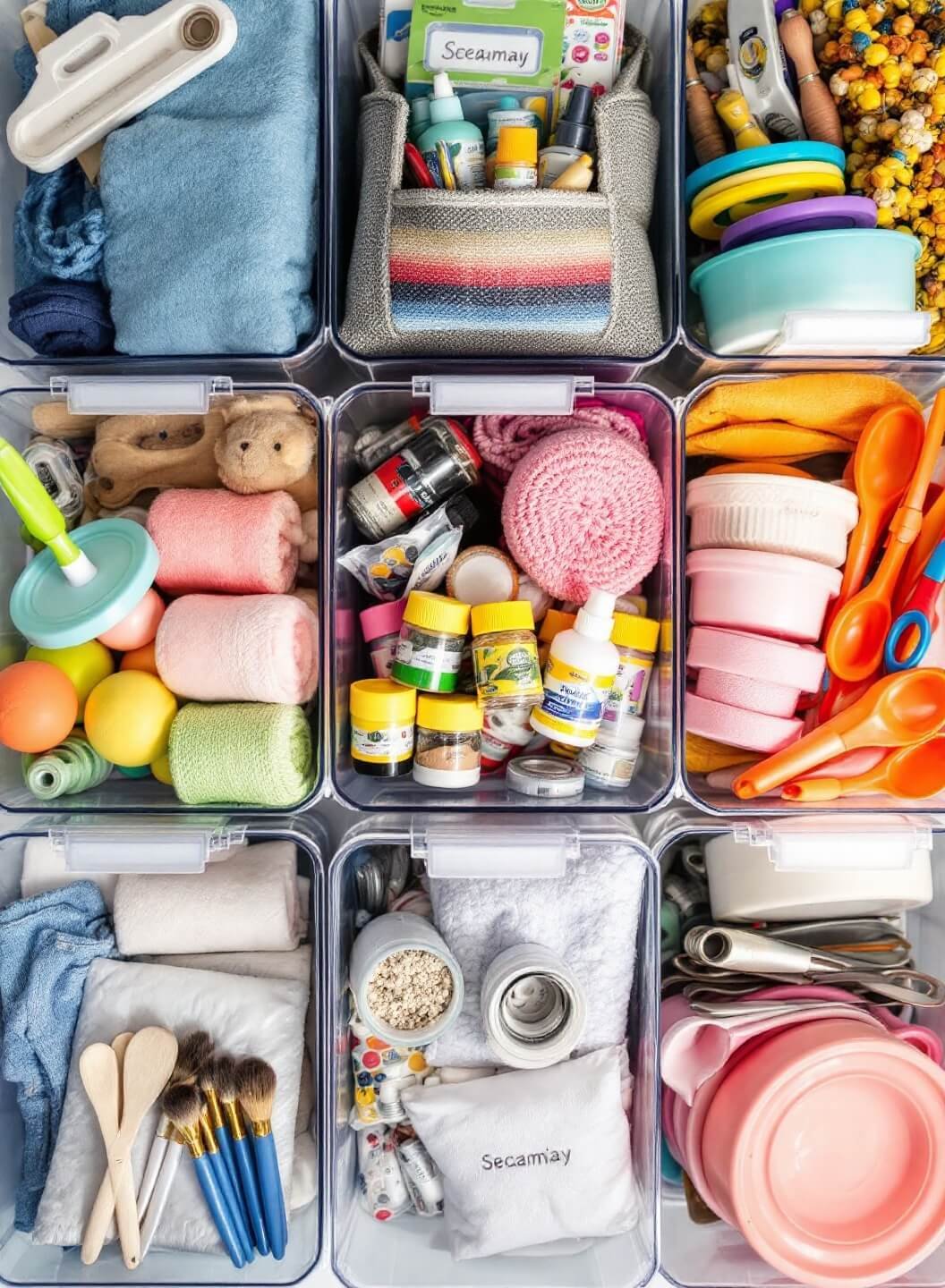 Overhead view of meticulously organized craft supplies in clear bins, labeled by season, illuminated by soft natural window light, captured in detail with a macro lens.