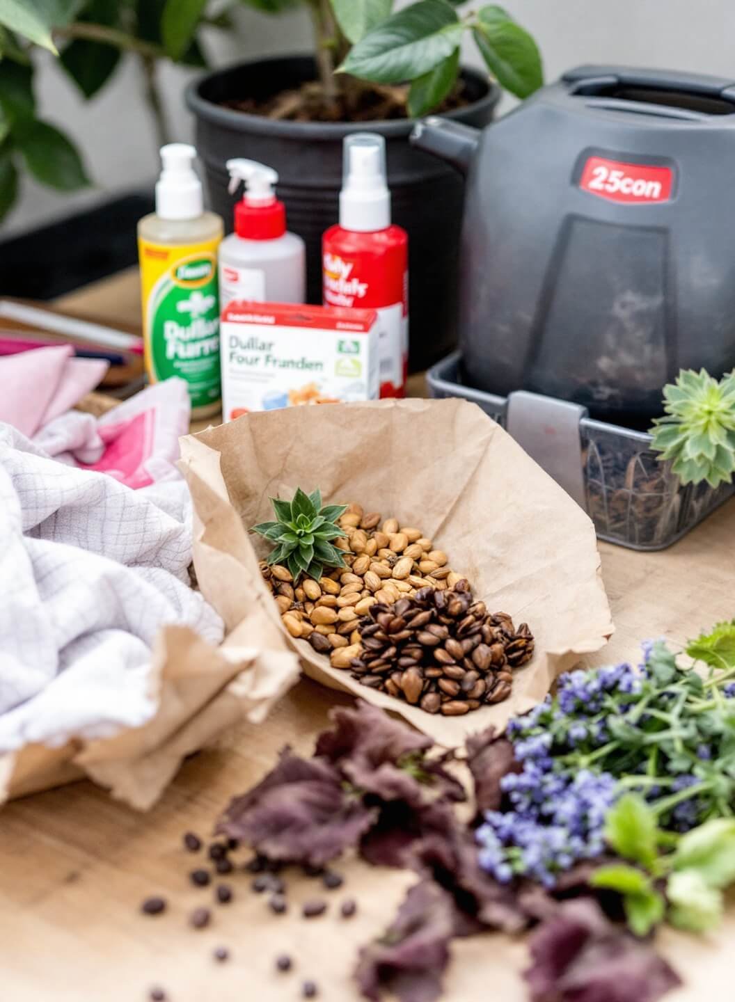 Brightly lit craft room setup displaying budget-friendly dollar store supplies and preserved garden elements, arranged together showcasing different textures, shot at 45-degree angle for depth and variety