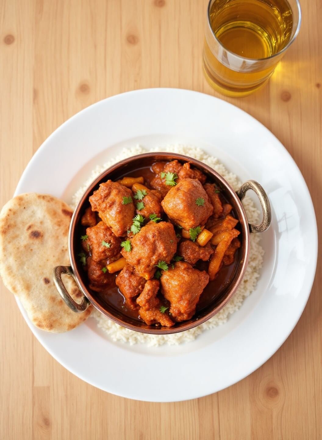 Steaming Tikka Masala in copper bowl served with naan bread and rice