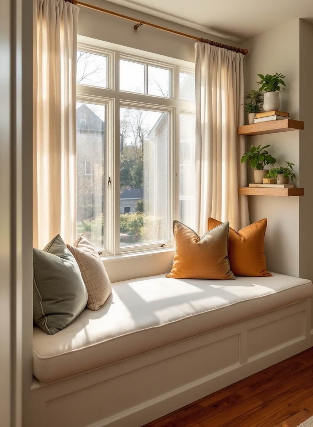 Sunny window seat nook with floor-to-ceiling bay windows, sheer curtains, ivory cushioned bench with muted-tone pillows, surrounding wooden shelves with vintage books and plants, capturing interplay of light and shadow.