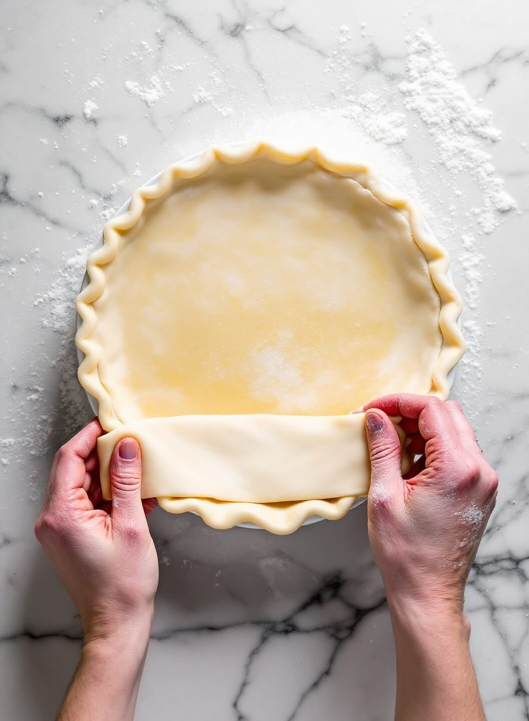Hands preparing a pie crust in a vintage ceramic dish on a marble countertop, flour dust in the air catching the light.