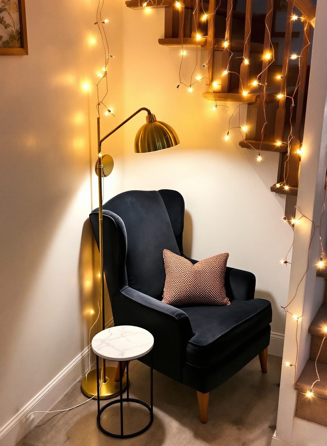 Cozy reading corner under the stairs featuring a charcoal velvet wingback chair, marble side table, brass floor lamp and copper string lights forming a starry canopy.