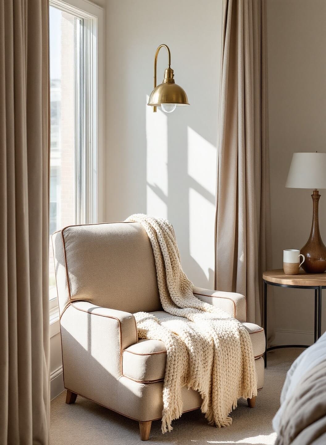 Cozy bedroom nook with oversized oatmeal linen armchair, cream knit throw, and brass reading lamp, basked in early morning light