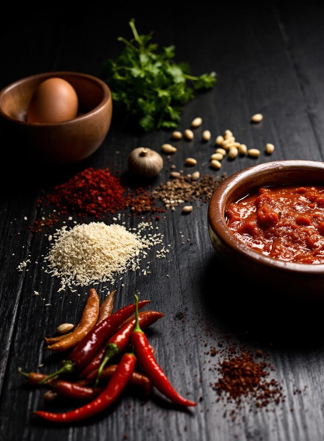 Close-up of vibrant Korean BBQ marinade preparation with spices and ingredients such as Gochujang paste in a ceramic bowl, arranged on a dark wooden surface under dramatic lighting.