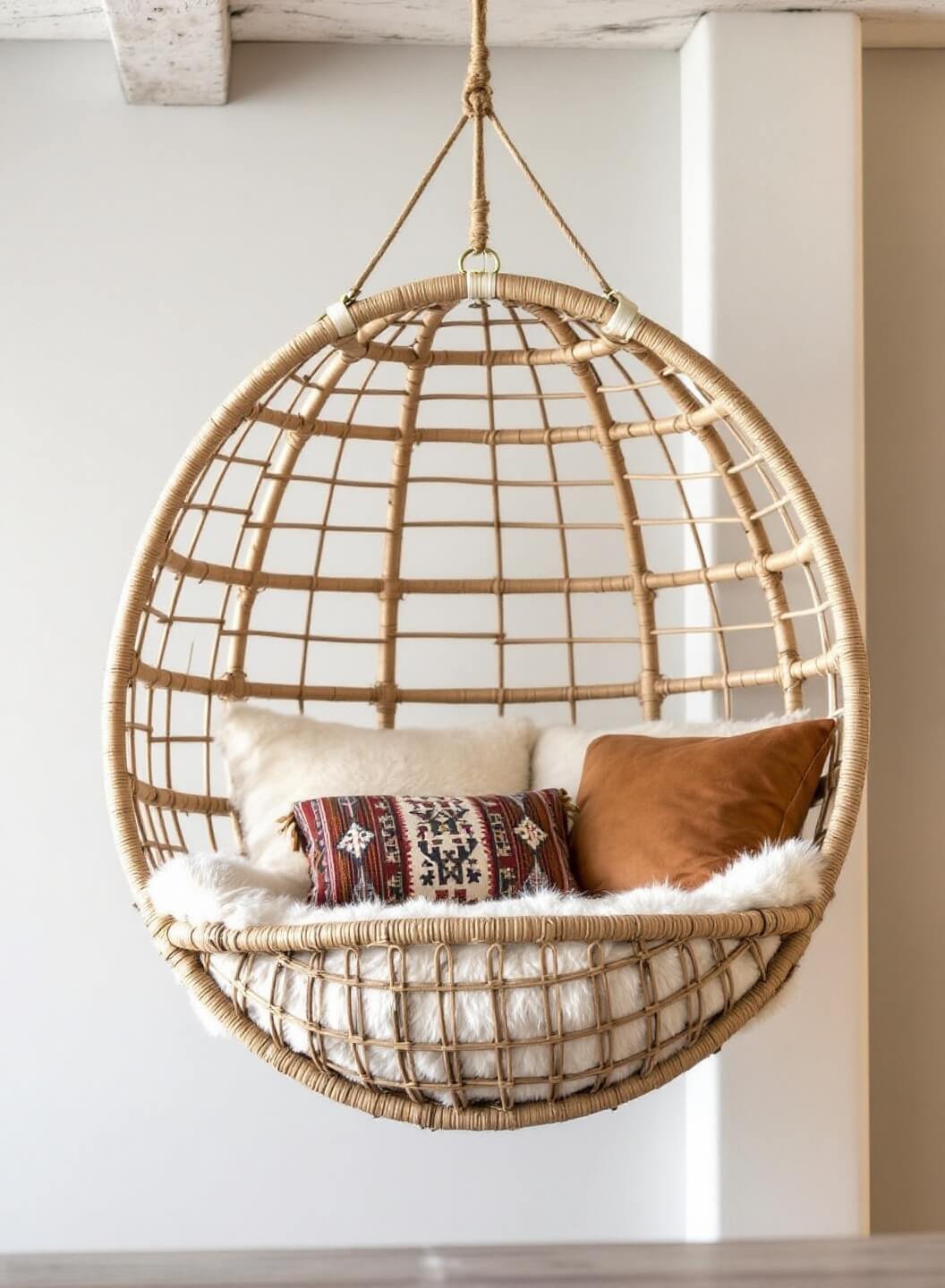 Modern hanging rattan chair suspended from an exposed beam with jute rope and brass hardware, adorned with sheepskin and kilim pillows, shot from slightly below to accentuate floating effect and architectural details