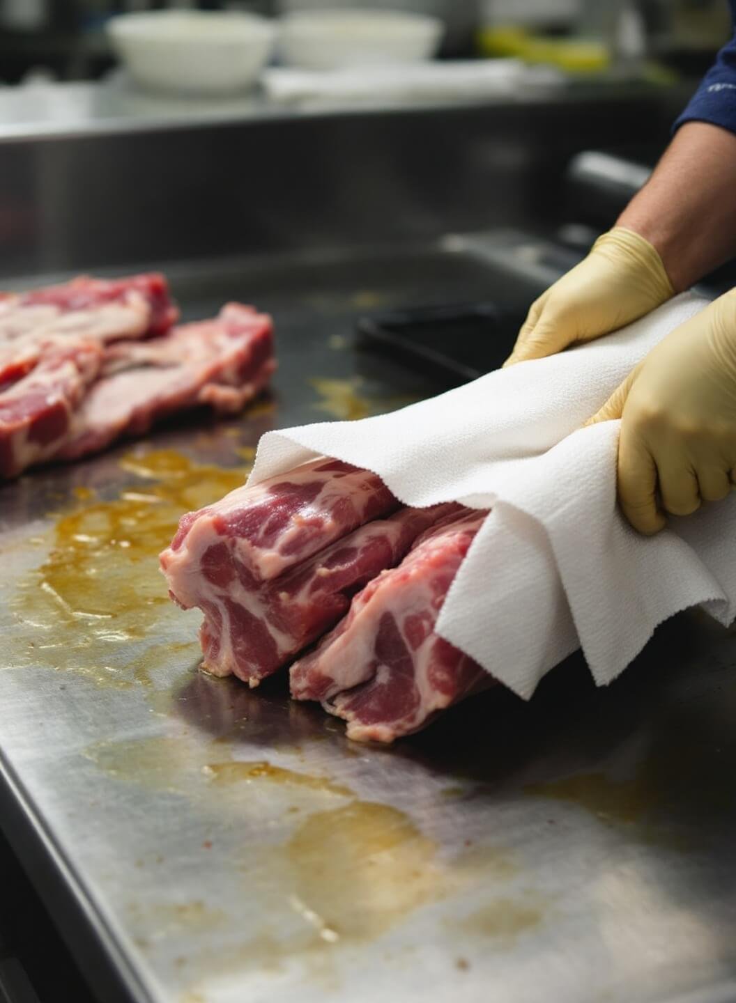 Expert hands using paper towel to peel thin membrane from raw ribs on stainless steel preparation surface under bright kitchen lighting