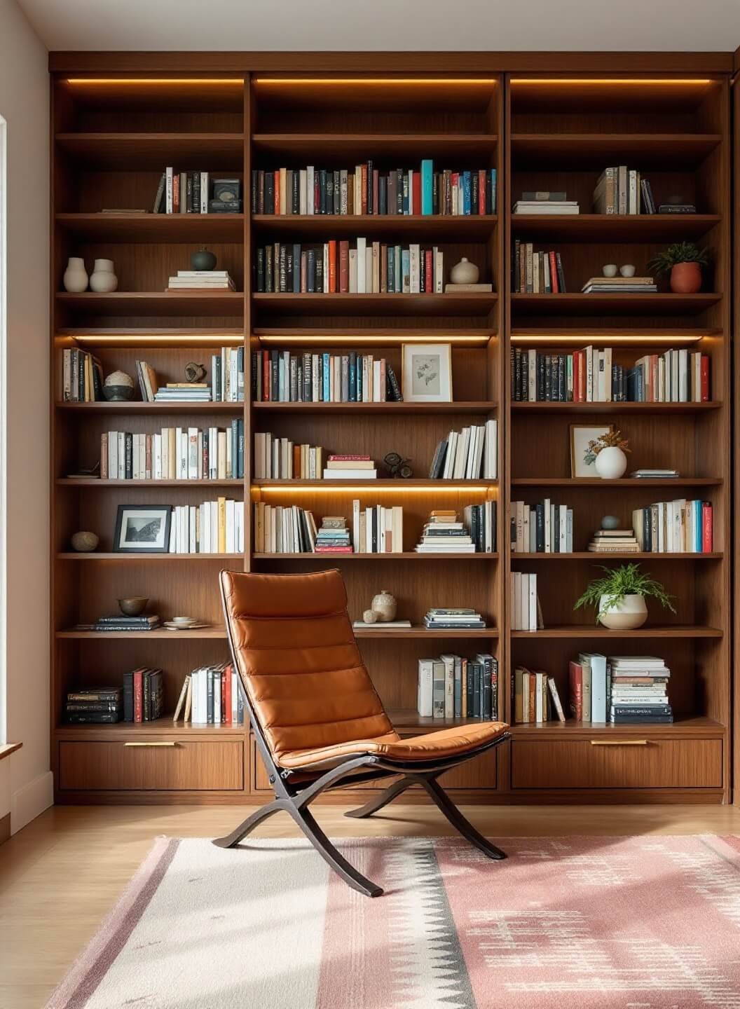 Minimalist styled reading space featuring floor-to-ceiling walnut bookshelves, a low-profile leather sling chair, and a geometric-patterned wool rug, illuminated by dimmable LED lights, in a wide architectural shot emphasizing vertical storage solutions.