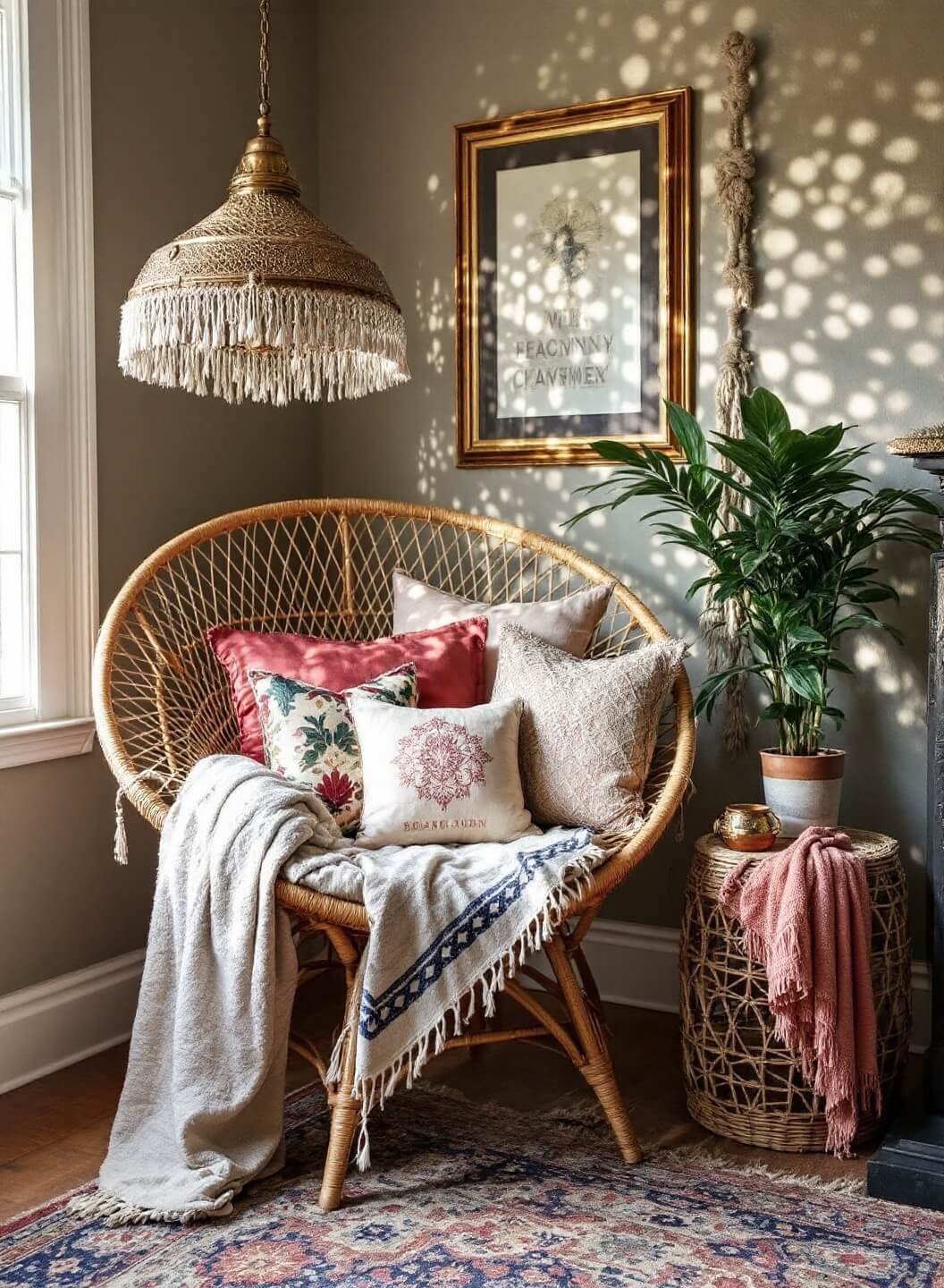 Bohemian style reading retreat featuring a rattan peacock chair adorned with silk tasseled pillows and macramé throws, with Moroccan brass lanterns casting patterned light on walls, photographed from a corner angle to highlight the room's layered textures and global influences.