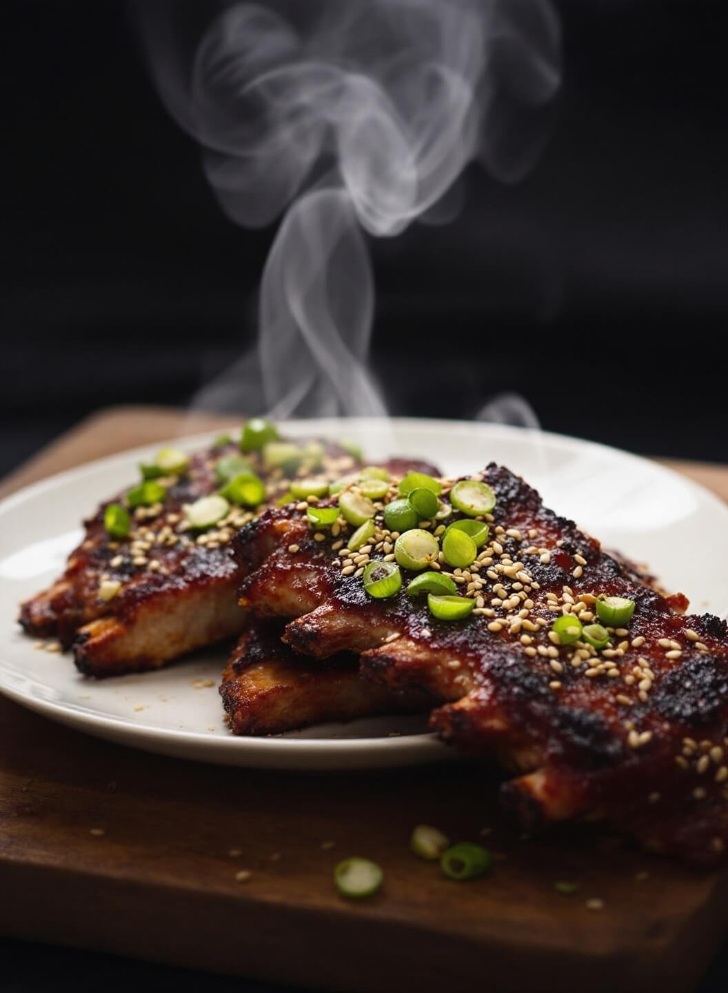 Glazed ribs with caramelization and char marks, garnished with sesame seeds and green onions, steam rising, against a dark background