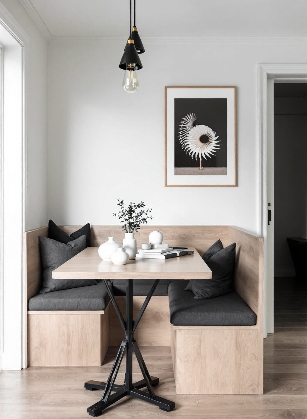 Scandinavian-inspired nook with built-in bench, pale oak surfaces, black metal lighting fixtures, and charcoal linen cushions, showcasing functional design.