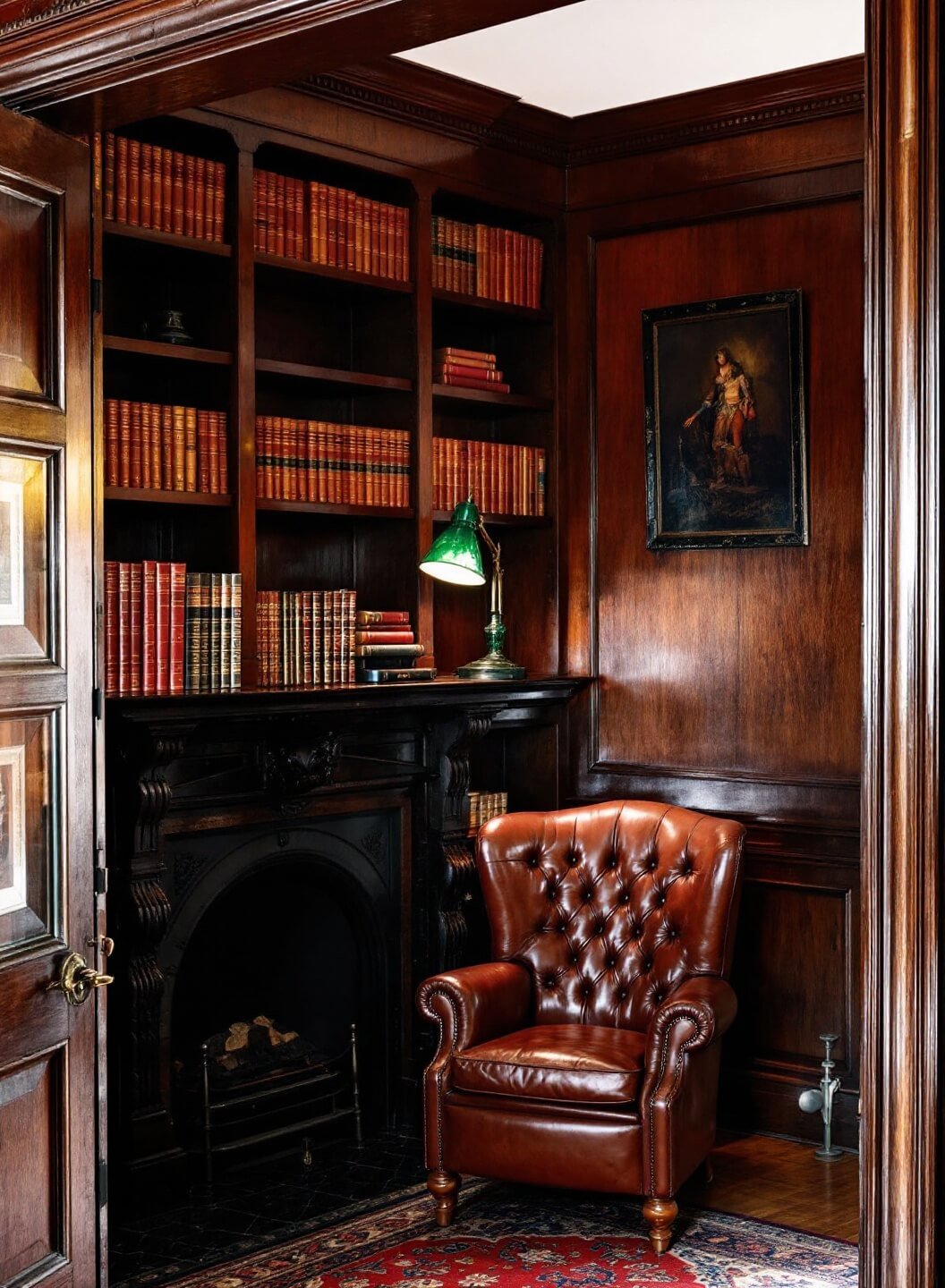 Classic library corner featuring dark wood shelves filled with leather-bound books, a tufted leather club chair near a Victorian fireplace, and a green glass banker's lamp, shot from the entrance to highlight historical architectural details.