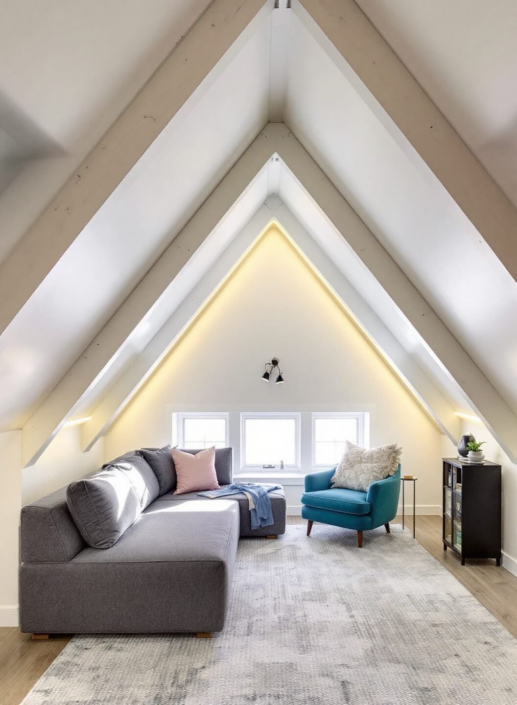 Modern attic reading loft with white-painted beams, heathered gray sofa facing dormer windows, and LED strips lighting, emphasizing spatial flow and natural light in a wide architectural shot.