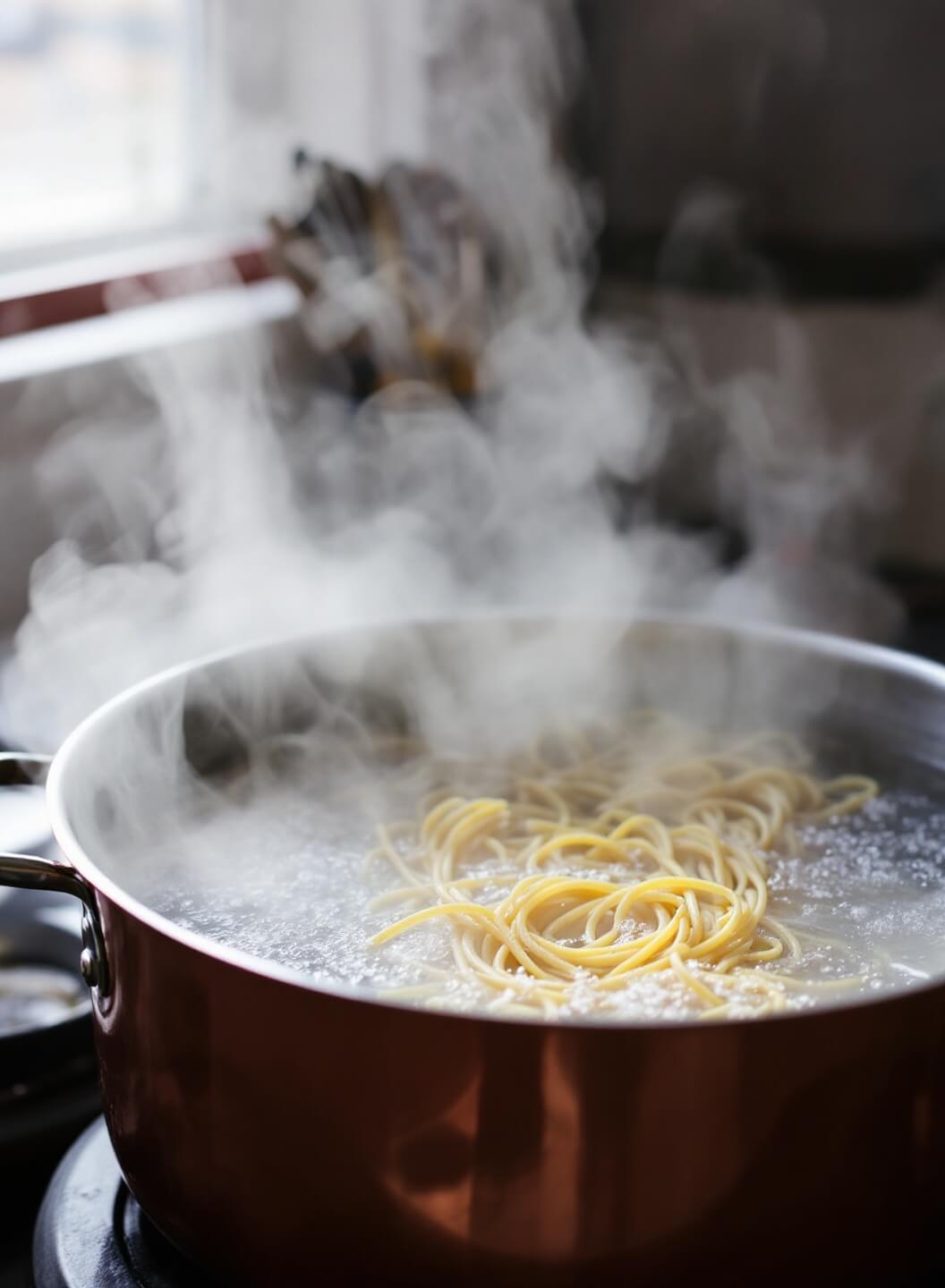 Golden spaghetti boiling in a large copper pot with steam rising