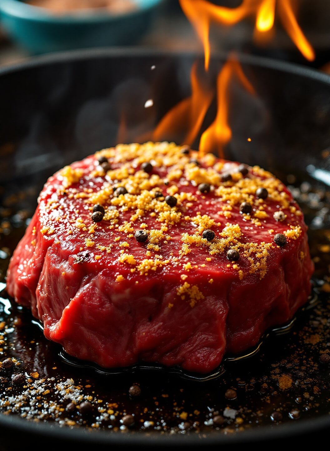 Close-up view of a marbled beef tenderloin being seared in a cast-iron skillet, surrounded by dancing flames, sizzling oil, and seasoning in warm kitchen lighting