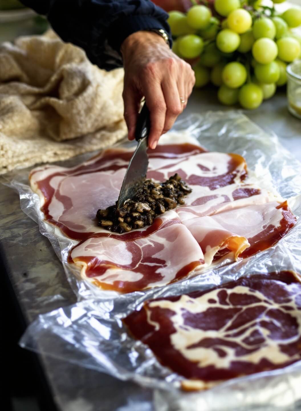 Artisan preparing prosciutto wrapping with mushroom duxelles in a well-lit workspace