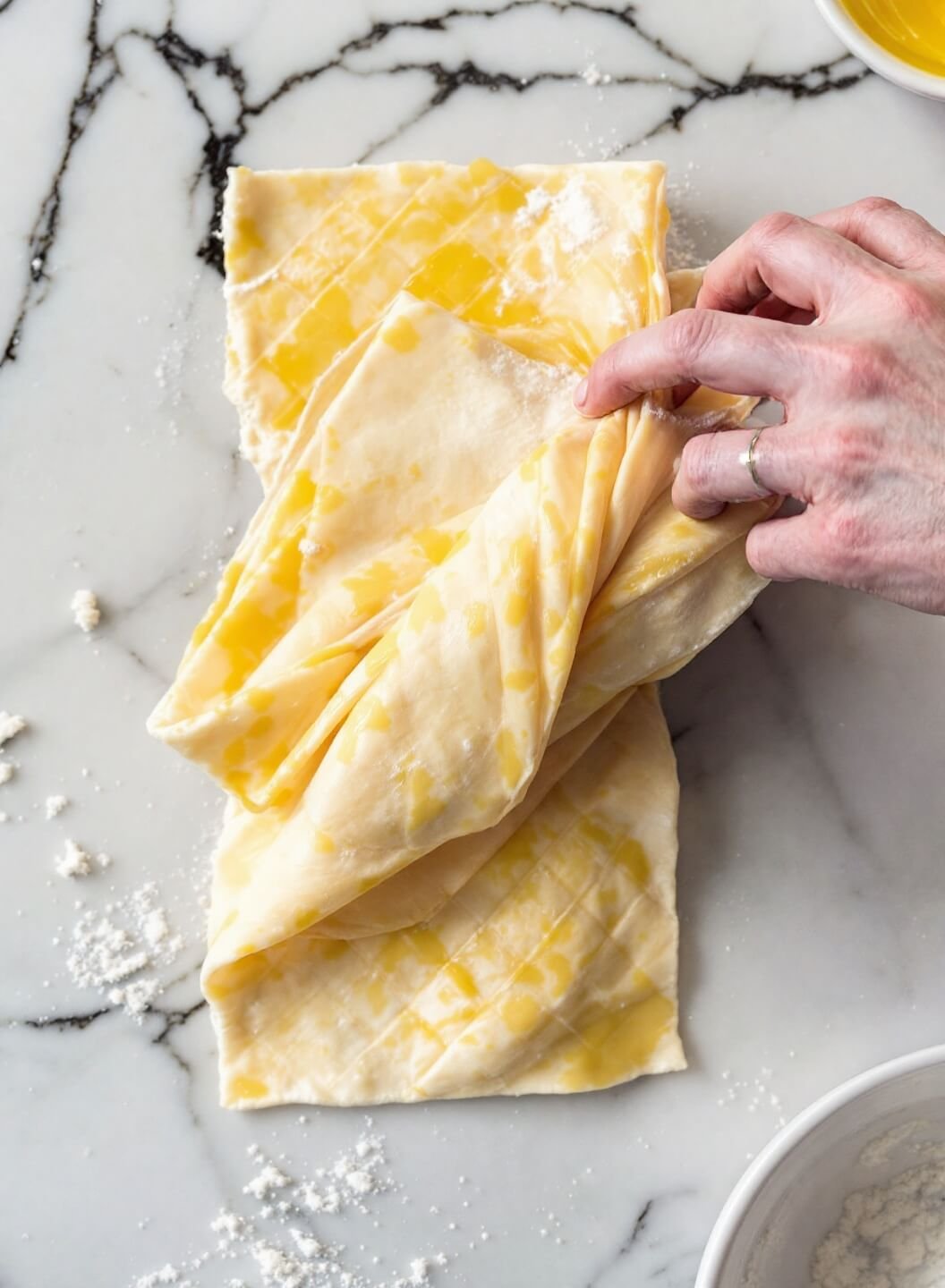 Close-up image of hands wrapping puff pastry around beef encased in prosciutto on a flour-dusted marble countertop, with visible egg wash and diamond scoring pattern