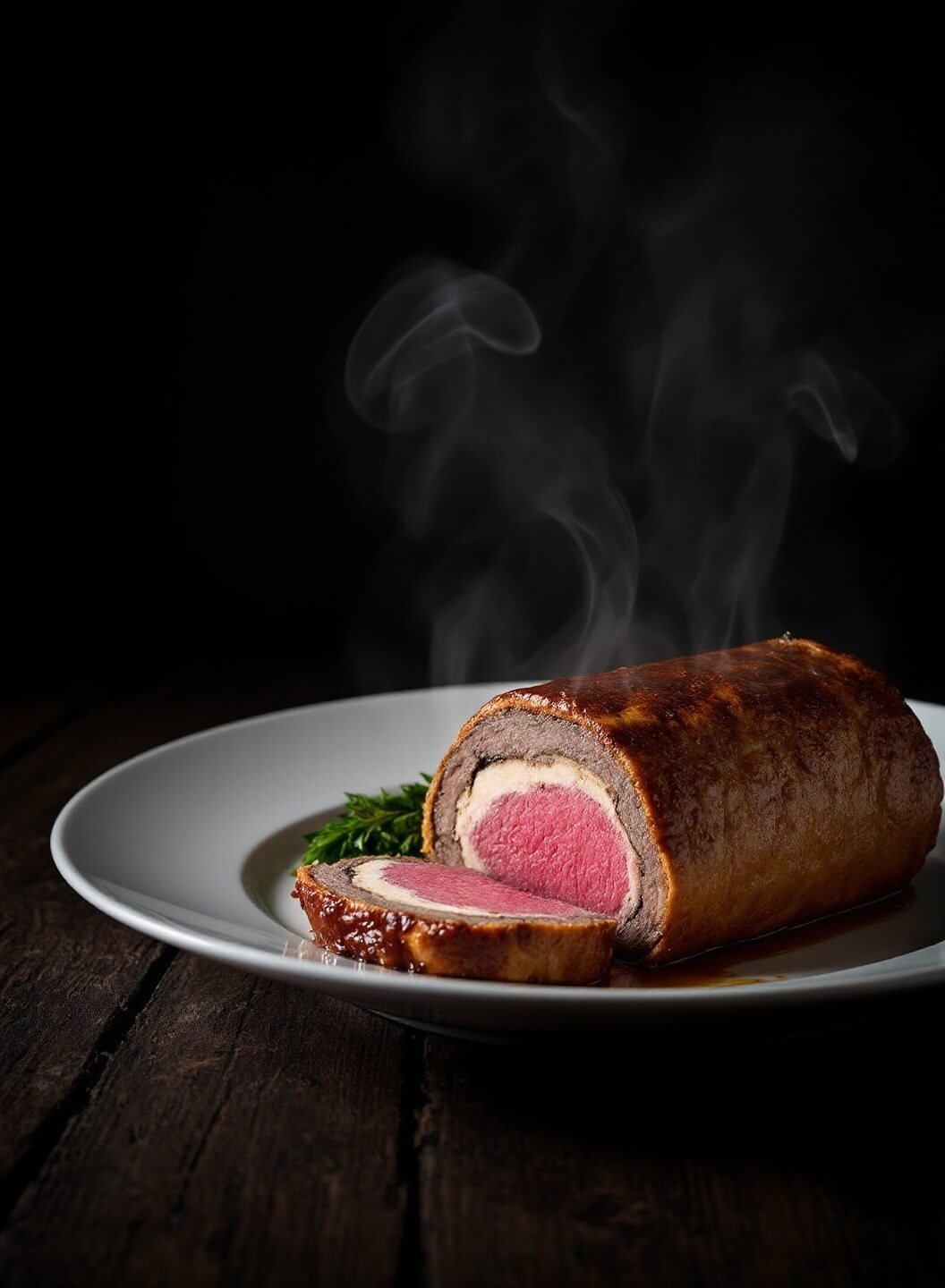 Professionally plated Beef Wellington with golden-brown crust and medium-rare center on a rustic wooden surface