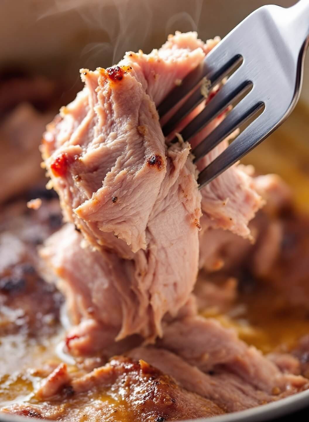 Close-up image of tender, juicy pork being pulled apart with forks, with glistening golden cooking liquid in the background.