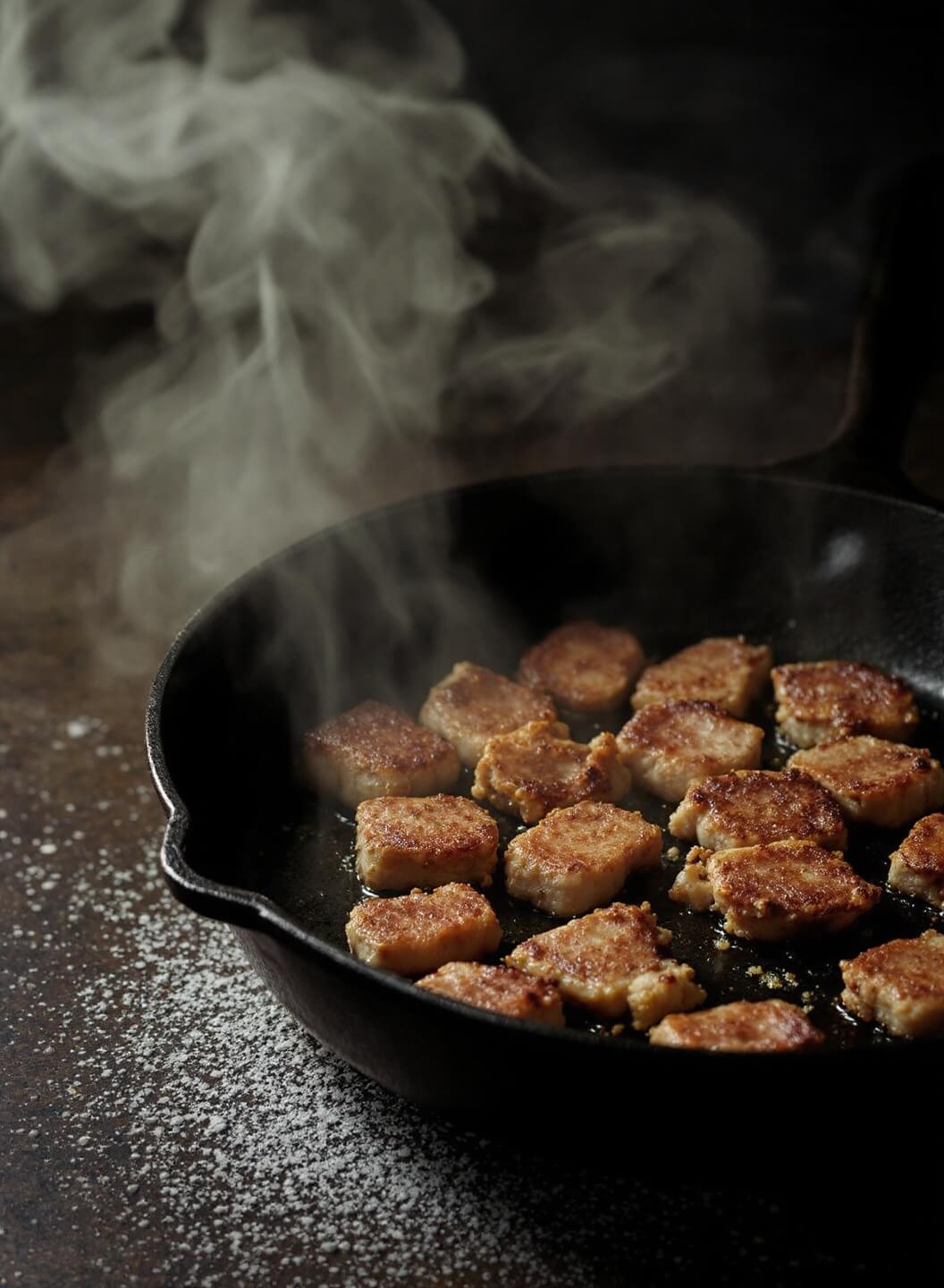 Crispy pork lardons sizzling in a vintage cast iron skillet with warm lighting and rising steam