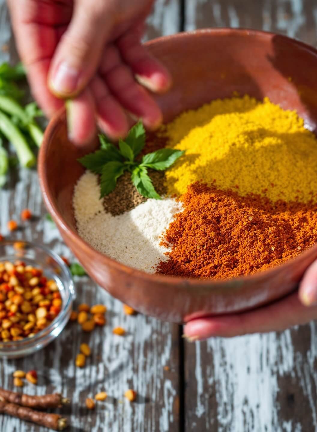 Close-up of vibrant spice blend being mixed in rustic ceramic bowl on a weathered wooden surface, whole spices scattered nearby under natural lighting