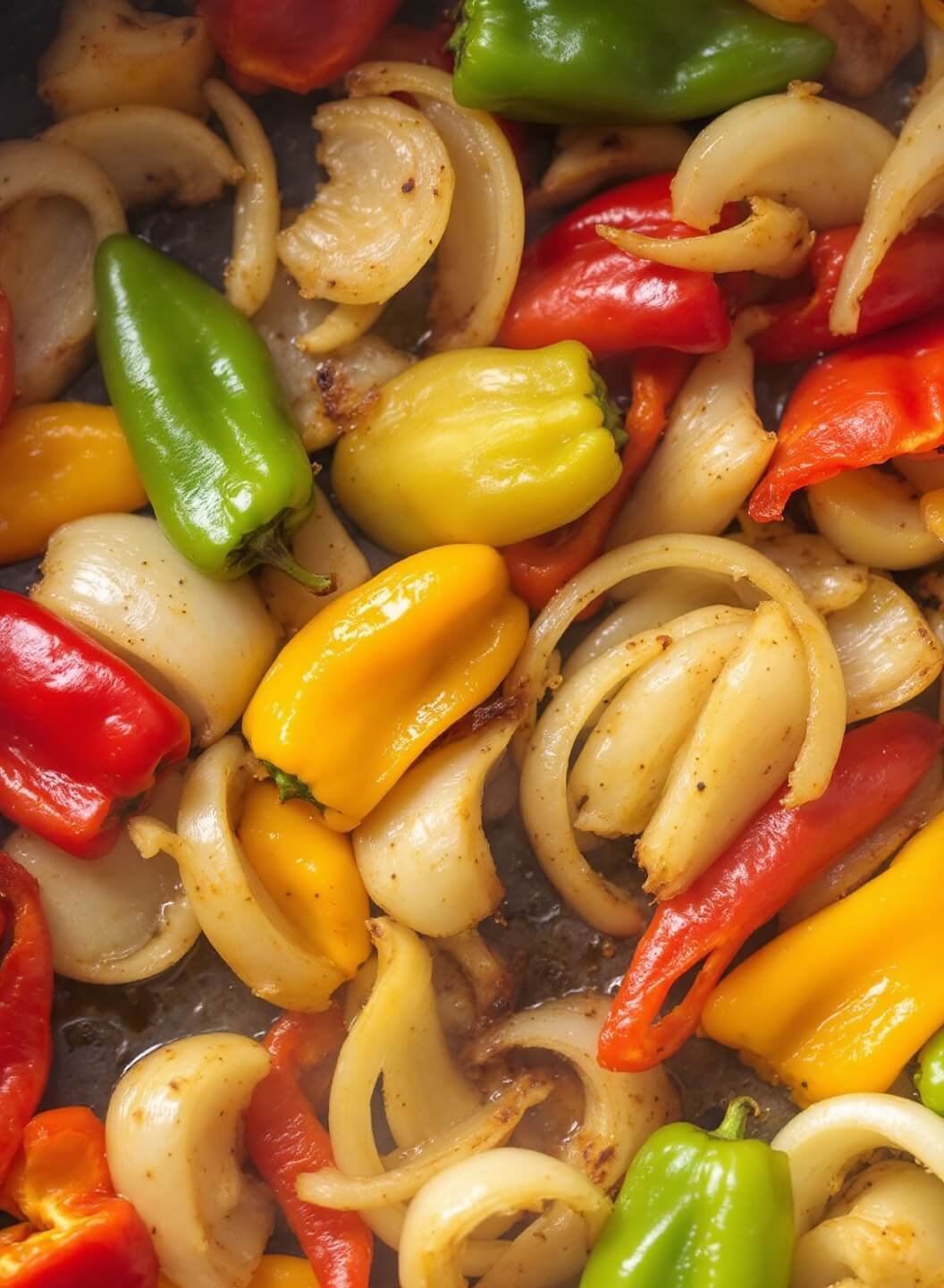 Overhead view of caramelizing bell peppers and onions, brightly colored, emitting steam and slight smoke, coated in glistening oil under warm lighting