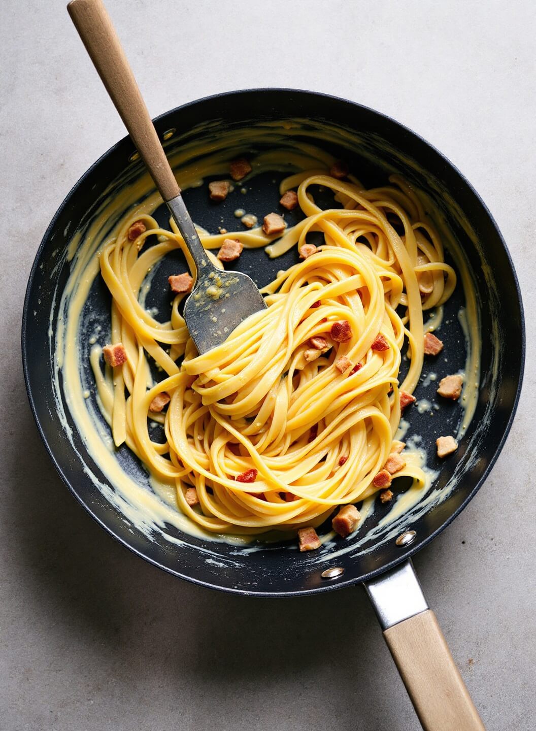 Dramatic swirl of hot pasta meeting egg mixture in a weathered pan, garnished with golden guanciale bits.