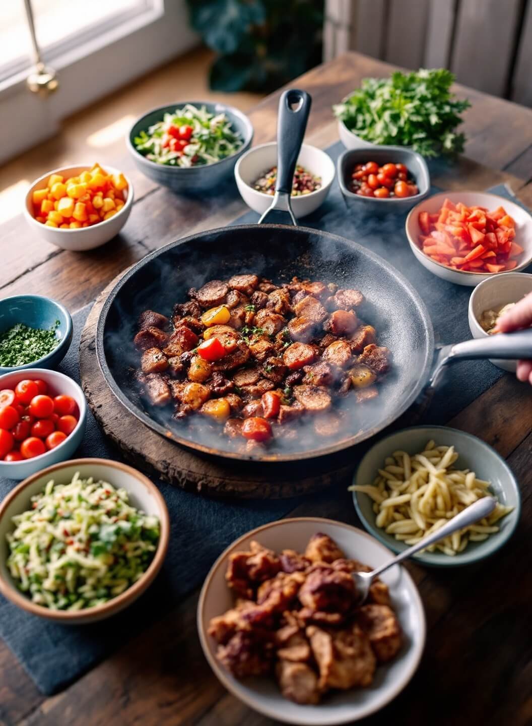 Complete fajita spread on rustic wooden table with sizzling pan, colorful toppings, and warm afternoon light