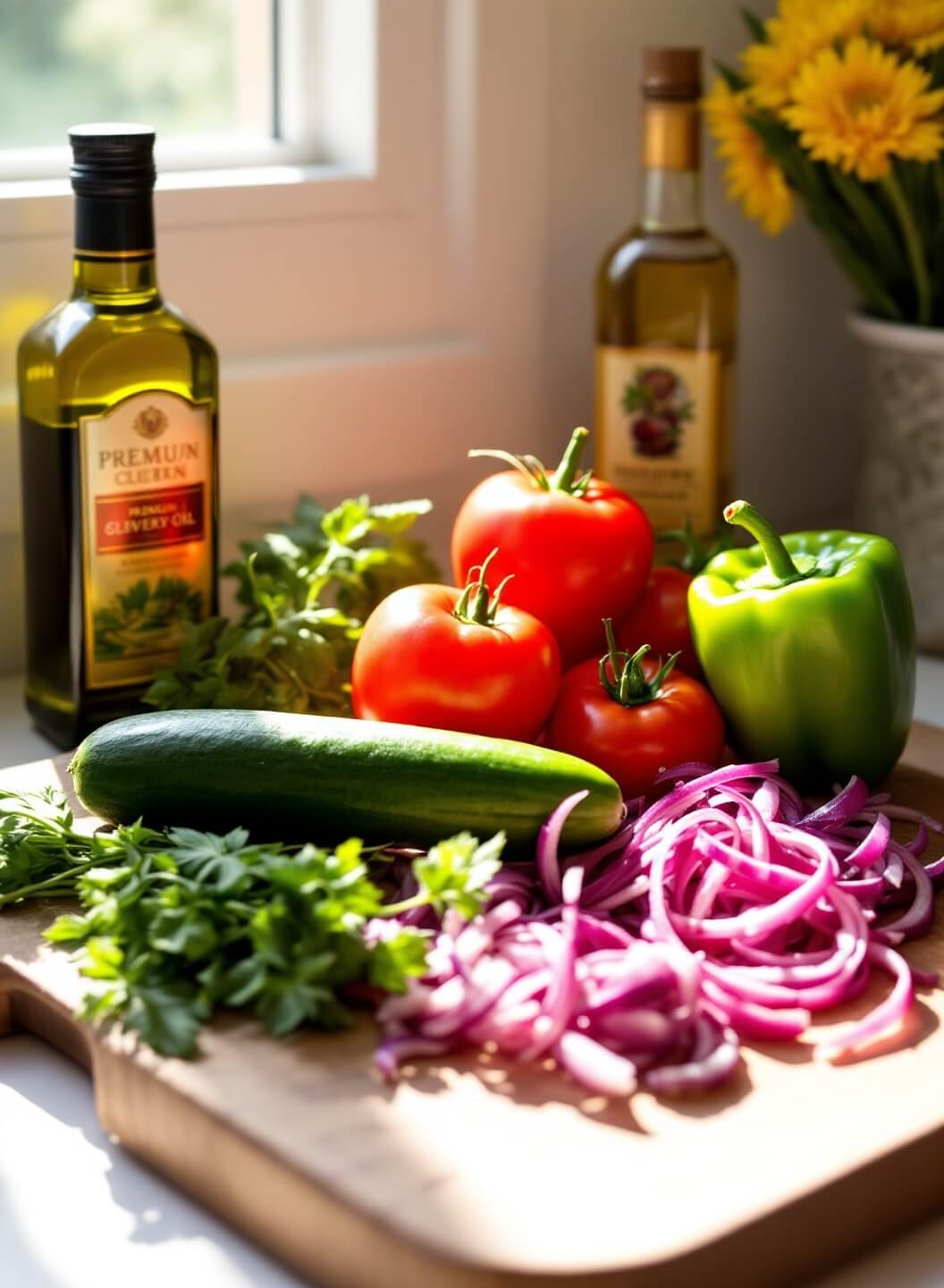 Fresh vegetables including tomatoes, cucumber, bell pepper and onion on a wooden board with olive oil and vinegar under sunlight