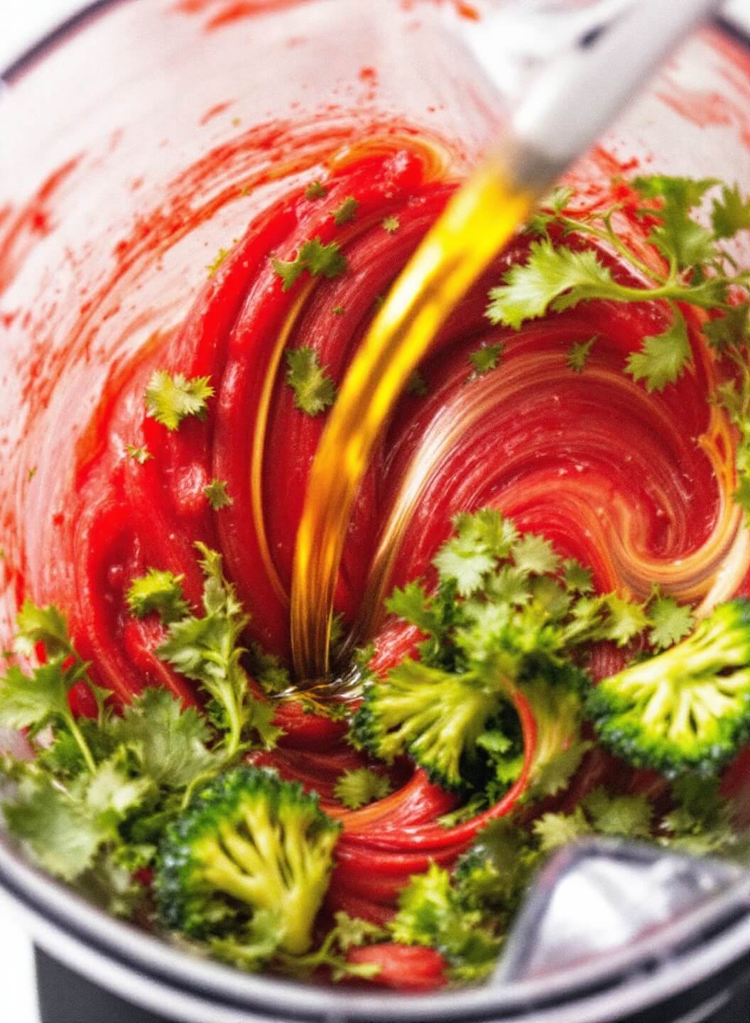 Professional blender in action making gazpacho out of bright red and green vegetables with a golden ribbon of olive oil