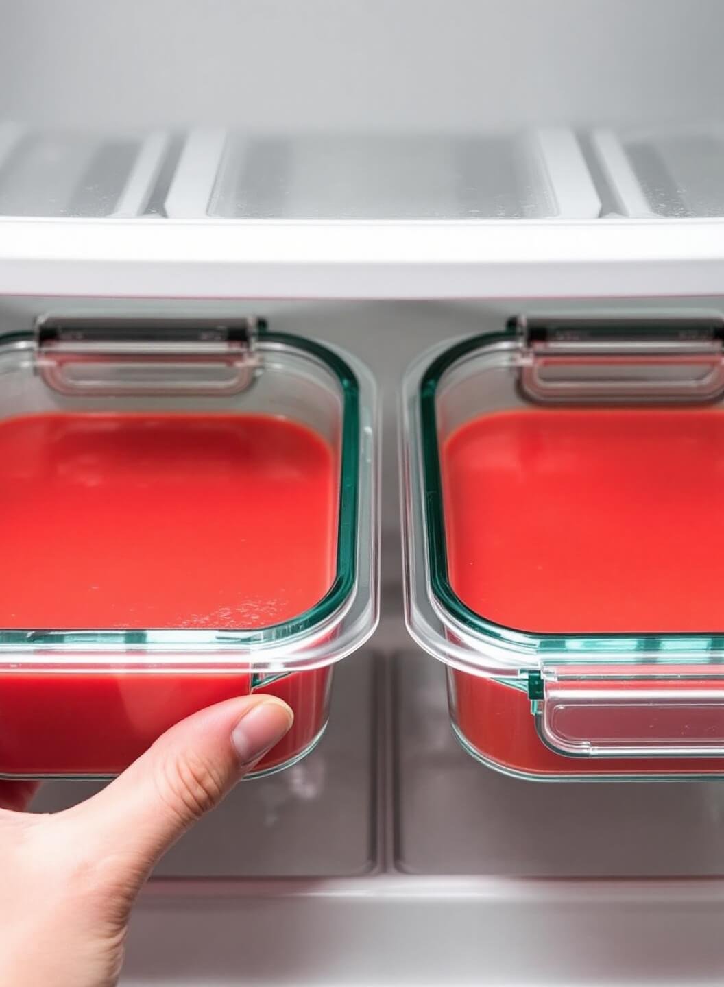 Elegant glass containers filled with vibrant coral gazpacho being chilled in a refrigerator with condensation on surfaces