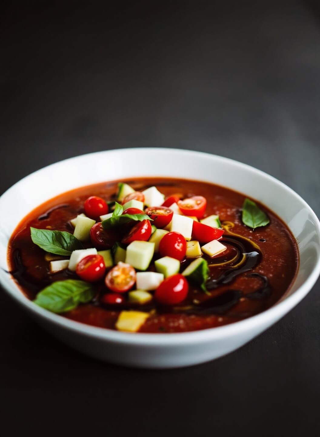 Artfully garnished bowl of chilled gazpacho with cucumber, tomatoes, basil and drizzle of olive oil in a white ceramic bowl