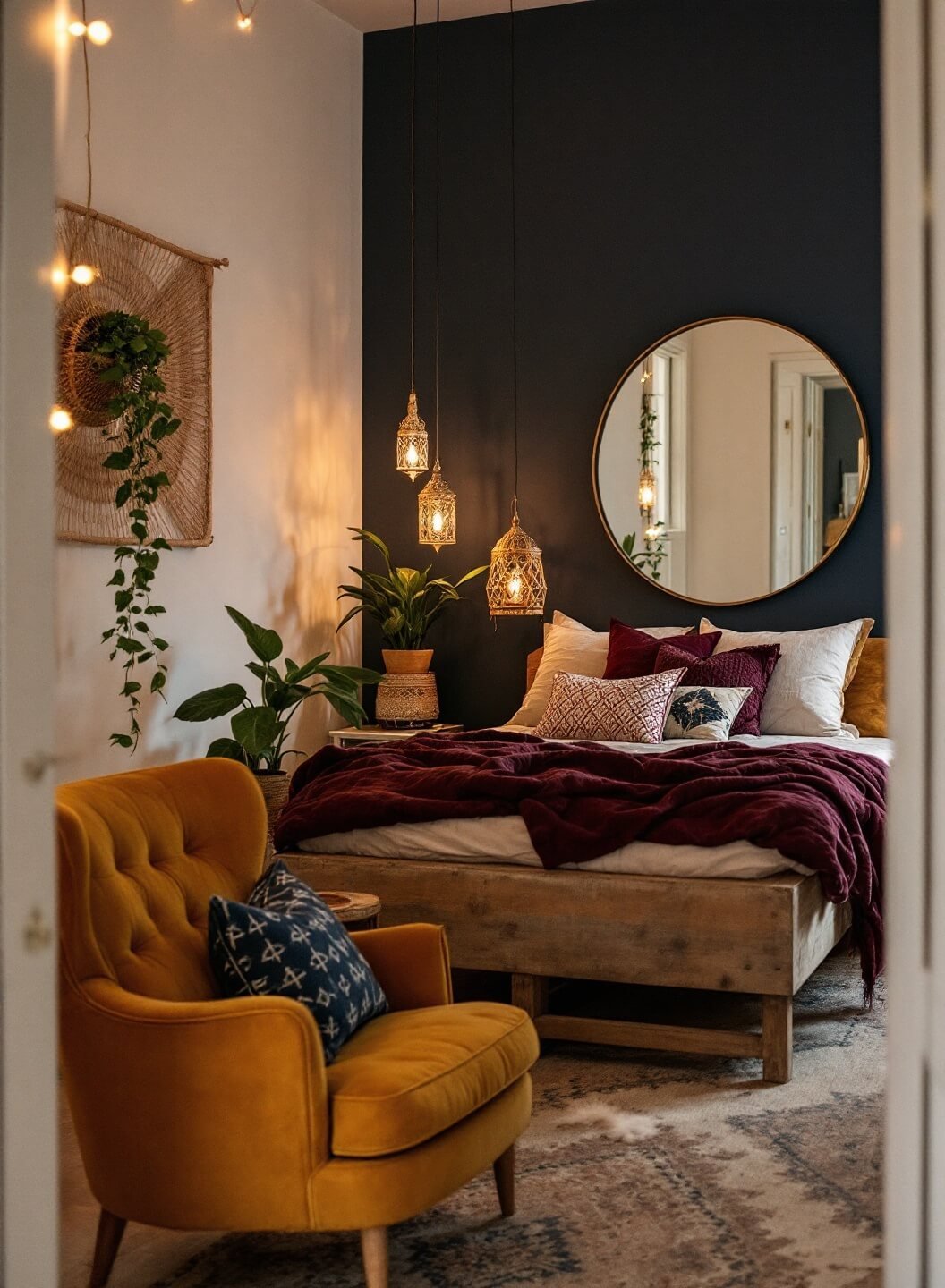 Boho bedroom illuminated by copper string lights, Moroccan lanterns and an indigo accent wall, featuring a wooden platform bed with burgundy and cream textiles, green potted plants, and a vintage yellow velvet armchair under a brass mirror.