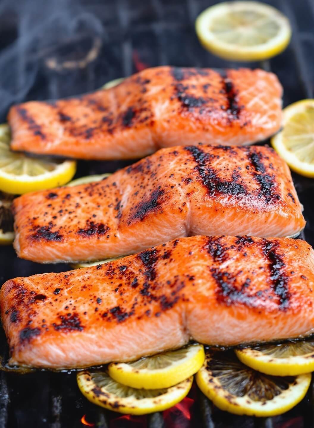 Salmon fillets grilling on charcoal, placed on top of charred lemon slices, showing rich coral pink texture with visible caramelization and smoke rising.