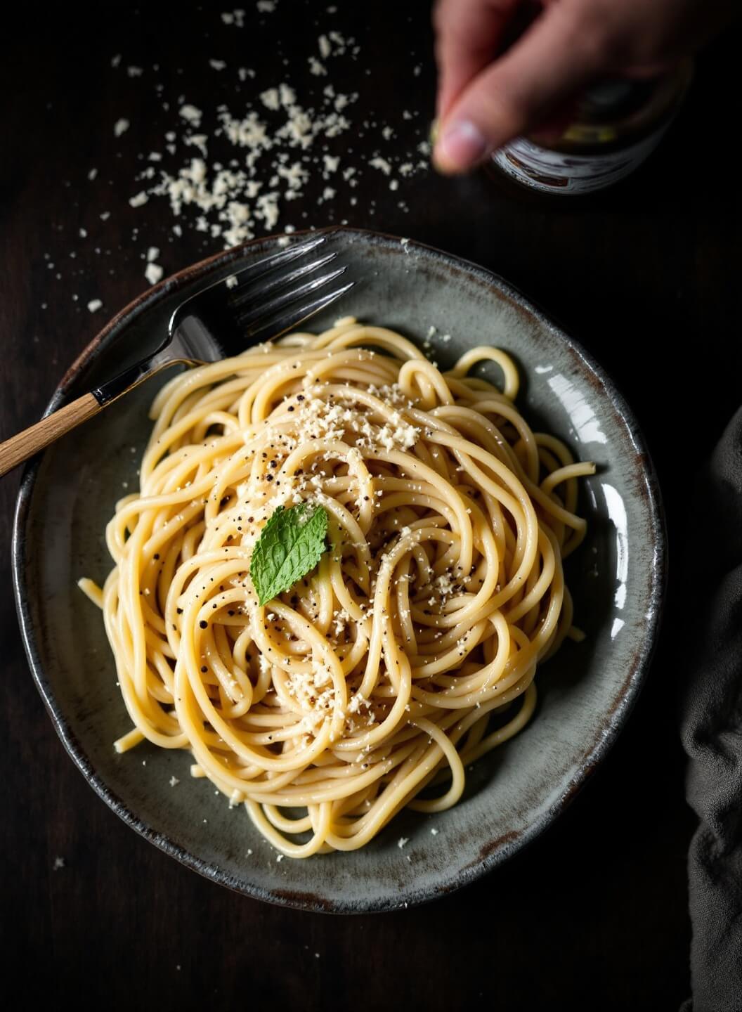 Twirled spaghetti carbonara on artisanal ceramic plate garnished with fresh pecorino cheese and cracked pepper