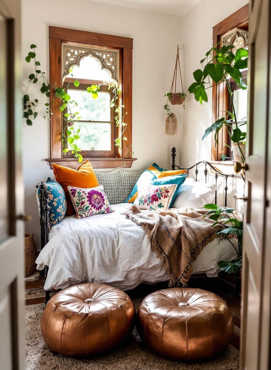 Cozy, light-filled bedroom nook with vintage wrought iron bed, embroidered pillows, hanging plants around carved wooden windows, and Moroccan poufs for seating.