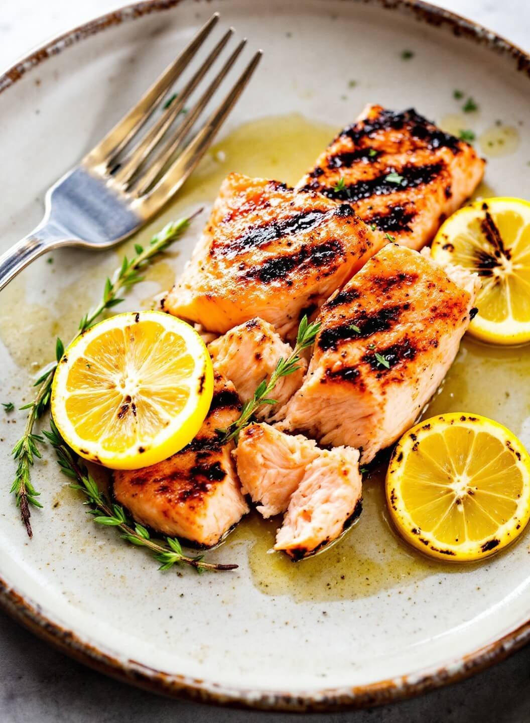 Grilled salmon fillet with charred lemon slices and fresh thyme on a rustic ceramic plate