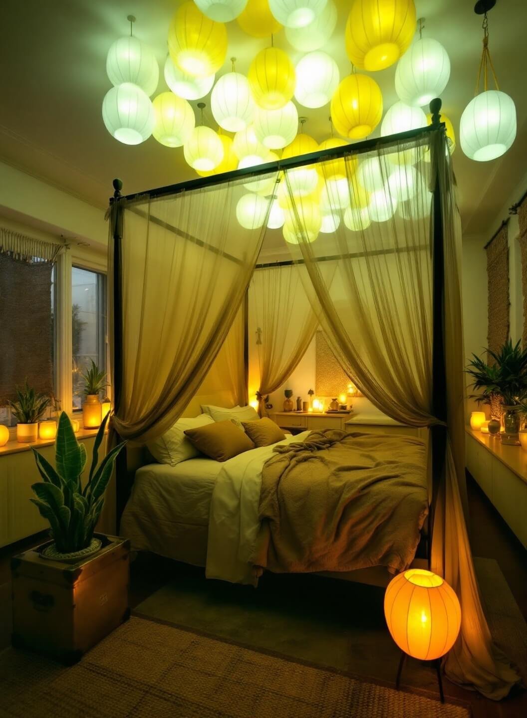 Pre-dawn bedroom scene with paper lanterns lighting a four-poster bed adorned with earthy fabrics, surrounded by vintage trunks, brass objects, and snake plants on the window sills, captured with slow exposure.