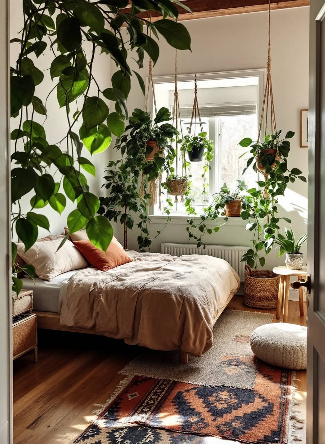 Boho bedroom with warm morning light, Bird of Paradise plant next to a low-profile platform bed with rumpled oatmeal and terra cotta linen bedding, trailing pothos plants in macramé hangers, Moroccan rugs on wooden floor.